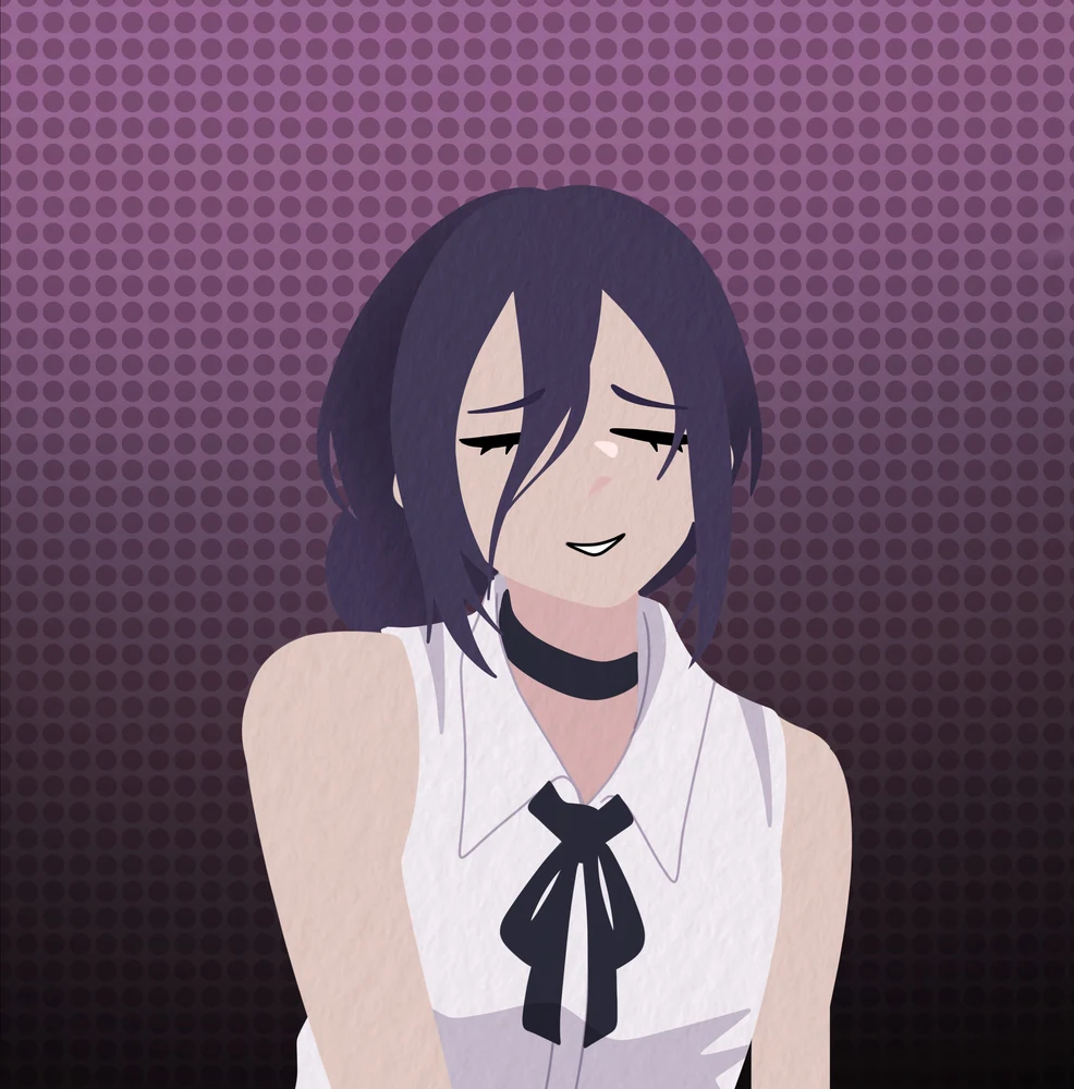 Reze from Chainsaw Man, eyes closed and smiling, in a white sleeveless blouse and black ribbon, on a dotted purple ground.