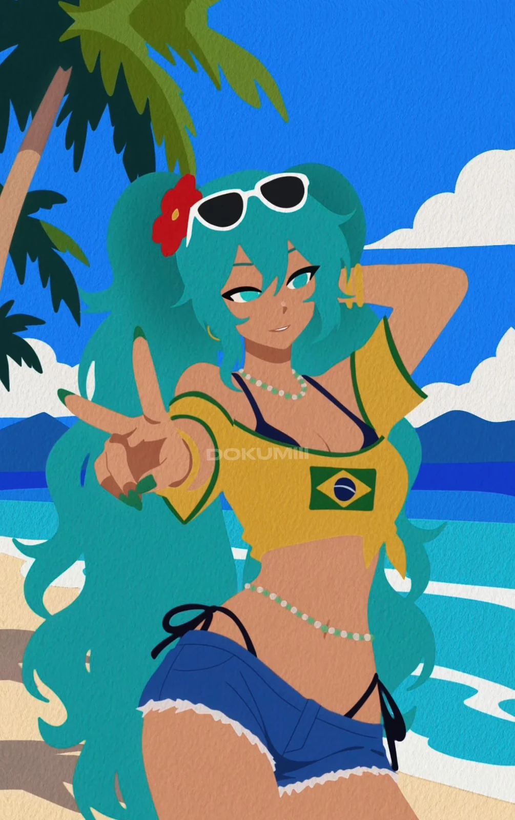 A tanned Brazilian Miku in a yellow crop top and denim shorts makes a peace sign on a sunny beach under palm trees.