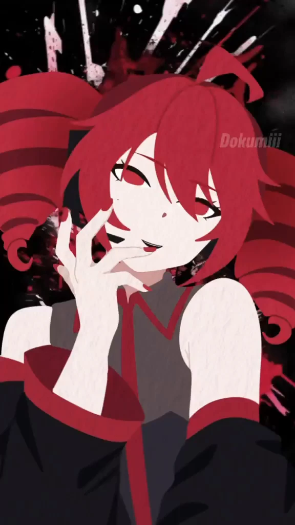Kasane Teto, red drill twin-tails framing her face, grins with her fingers at her lips against a black and red splash.